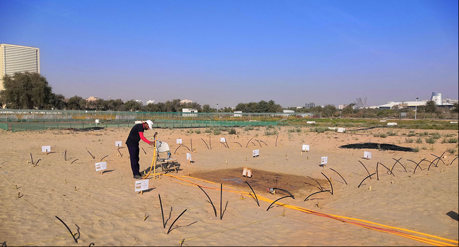 A man doing some readings in the middle of a sandy field